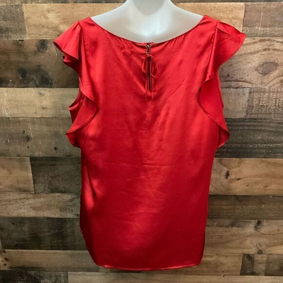 Loft Ann Taylor Blouse Scoop Neck Ruffled Cap Sleeves Red Zipper Tie Back Medium - Picture 9 of 10